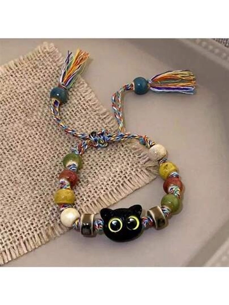 Skull Cat Ceramic Woven Bracelet Female Niche Design Sweet Chinese Style Tassel Colorful Bracelet Bracelet