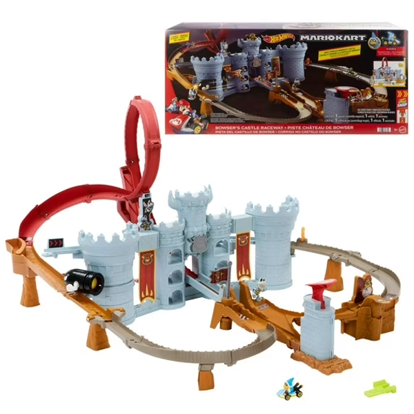 Hot Wheels Mario Kart Bowser’s Castle Track Set with 1:64 Scale Die-Cast Kamek Toy Vehicle & Storage