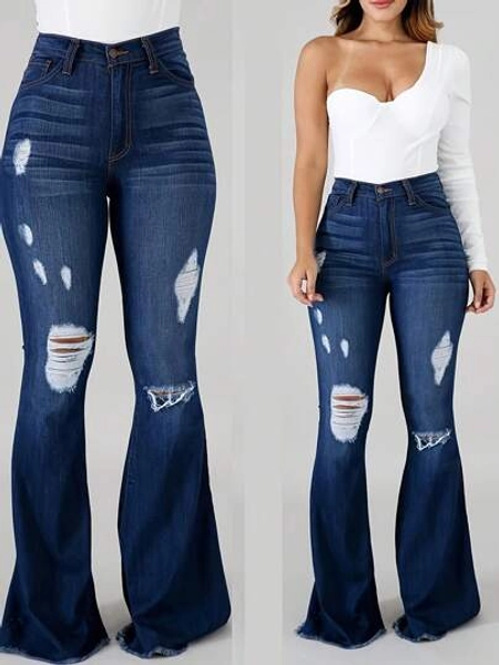Women's Vintage-Inspired High-Stretch Skinny Jeans - Ripped Detail, Halloween Costumes,Raw Hem, Mid-Rise, Distressed Blue Denim With Slash Pockets, Comfort Fit For All Seasons
