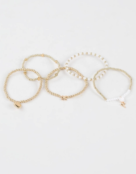 FULL TILT 5 Pack Rose/Bow/Heart Beaded Bracelets - GOLD
