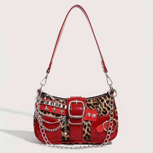[Trendy Y2K Shoulder Bag] 1pc Trendy Y2K-Inspired Red & Leopard Print Shoulder Bag | Chain Strap, Magnetic Closure, Star Accents | Single-Strap Crossbody Bag for Women, Playful & Durable Accessory