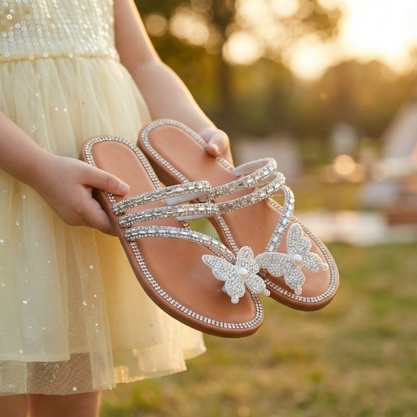 Elegant Casual Style Butterfly Rhinestone Toe-Post Flip-Flops, Girls' Fashion Summer Flat Sandals, Beach, Vacation, Travel, Bohemian Slides, Princess Party, Wedding, Rhinestone Butterfly, Breathable And Lightweight