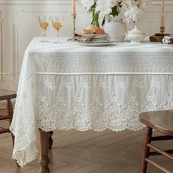 Floral Embroidered Tablecloth for Wedding | Elegant Rectangle Macrame Table Cover