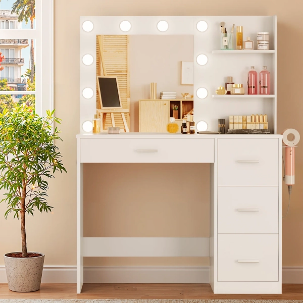 Ebern Designs Makeup Vanity Desk with Mirror & Lights, Vanity Desk with 4 Drawers & Storage Shelves, 3 Color Modes & Reviews | Wayfair
