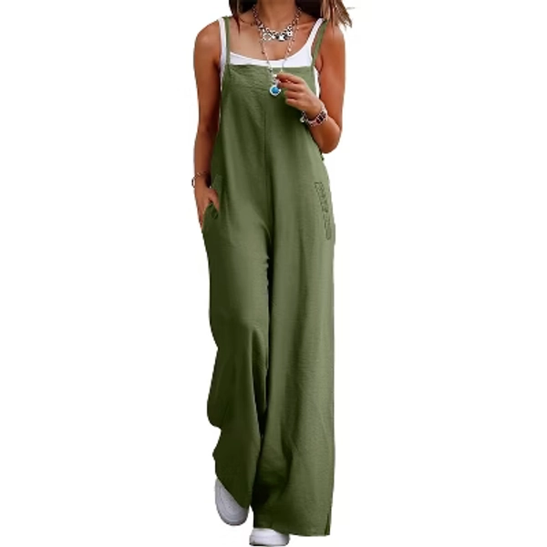 Women's Wide Leg Overalls Adjustable Strap Pockets Side Slit Casual Loose Fit Jumpsuit Army Green S