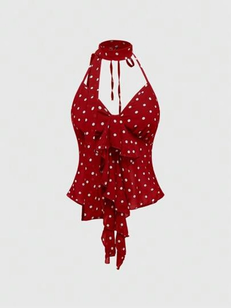 ROMWE Women Sexy Y2K Polka Dot Chiffon Full Print Ruffle Hem Design Turtleneck Tank Top