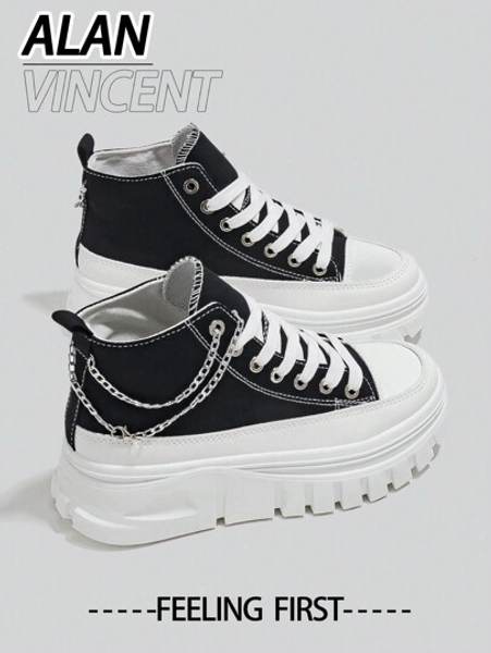Alan Vincent Alan Vincent[Canvas Shoes Series]Thick-Soled Canvas Shoes 2025 New Women High Top Canvas Shoes With Silver Chain Platform Shoes Height Increasing Sport Shoes Ladies Sneakers Black Shoes For Women Fashionable Casual Canvas Women's Shoes