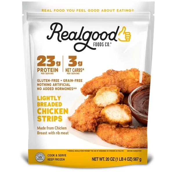 Realgood Foods Co. Lightly Breaded Chicken Breast Strips, Gluten-Free, 20 oz Regular Bag (Frozen)