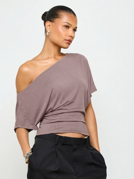 AiiRZ Off Shoulder Dolman Sleeve Fitted Waist Top With Asymmetrical Neckline Relaxed Casual Everyday Blouse