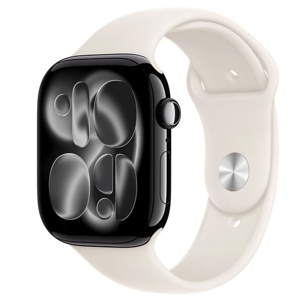 Apple Watch Series 11 GPS + Cellular, 46mm Jet Black Aluminum Case with Starlight Sport Band - M/L