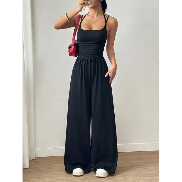 [Black Wide-Leg Jumpsuit] Women's Casual Black Wide-Leg Jumpsuit with Adjustable Straps - Sleeveless, Ruched Detail, Perfect for Spring/Summer, Comfortable & Stylish, Casual Summer Wear | Ruched Jumpsuit | Polyester Fabric