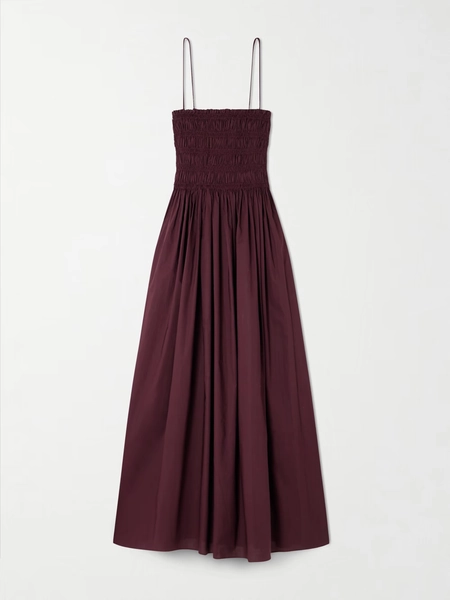 Shirred organic cotton midi dress - burgundy - 1