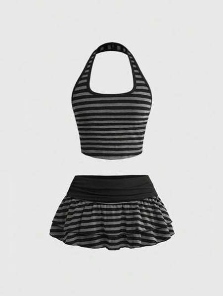 ROMWE Grunge Punk 2pcs/Set Vintage Striped Halter Crop Top & Tiered Ruffle Mini Skirt, Music Festival Outfit - Size XL