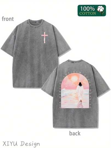 Cross, Jesus Elegant Pattern Printing, An Old Washed T-Shirt With Retro Street Style. Simple And Versatile, Pure Cotton Is Of High Quality, Novel And Fashionable, And It Is A Must-Have Fashion Item In Spring And Summer.