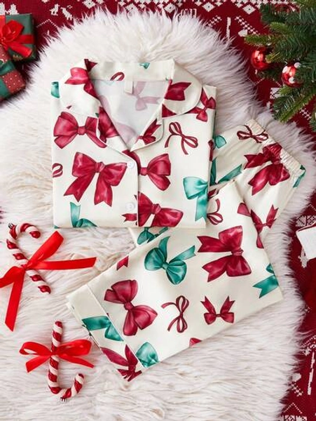 Women's Satin Christmas Bow Print Long Sleeve Top And Pants 2 Pieces Pajama Set, Autumn/Winter Bow Pajama Set Bow Pjs Family Christmas Matching Pajamas Set, Fall Clothes