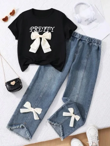 SHEIN Tween Girl 3D Bowknot T-Shirt and Denim Pants Set