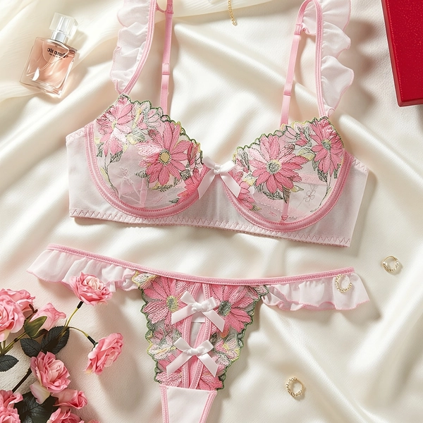 Women'S 2pcs Set Pink Romantic Cute Floral Embroidery Mesh Sexy Bra And Panties, Bow Ruffled Straps, French Sheer Lingerie (Neck Jewelry Not Included)