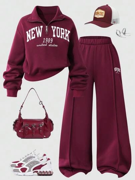 2pcs/Set Tween GirlsCasual New York Letter Pattern Stand Collar Sweatshirt And Shorts Set, Warm For School, Commute, Outing, Suitable To Pair With Jacket, Vest, Coat, Autumn/Winter