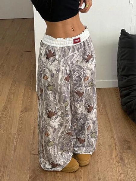 Coolane Women's Casual Knitted Long Pants With Autumn Leaf Print And Zipper Detail