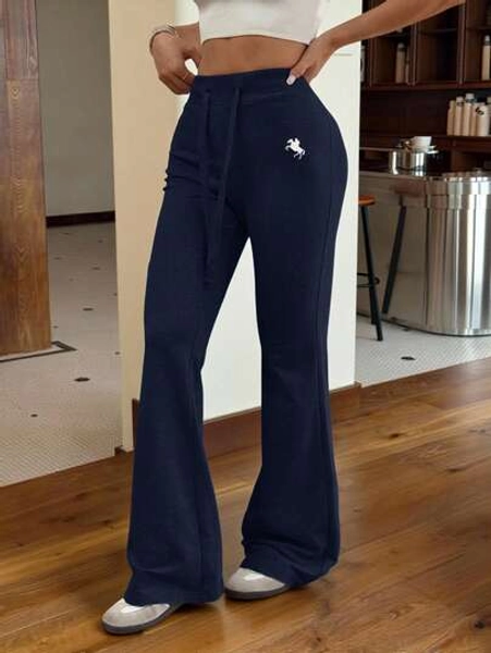 SHEIN EZwear Navy Blue Knit Skinny Sweatpants With Tie Waist And Patched Detail For Casual Comfort Flare Sweatpants Y2k Pants,Fall