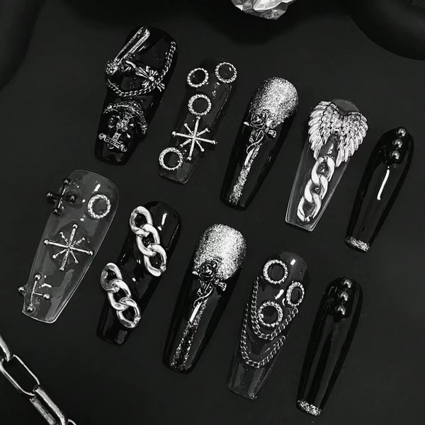10pcs Pure Handmade Coffin Shaped Nail Art, Beautiful Fake Nails, Dark Silver Wing Nail Art, Suitable for Women to Use - AliExpress 