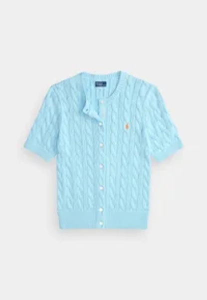 CABLE KNIT COTTON SHORT SLEEVE CARDIGAN - Cardigan - acadia blue