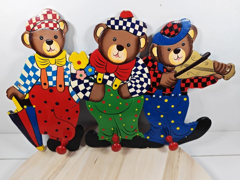 Vintage Wooden Teddy Bear Coat Rack - 3 Peg Nursery Wall Hooks 17" Hand Painted