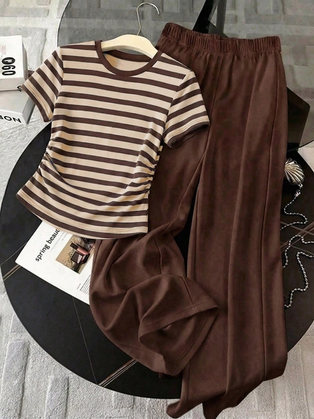 SuriyaCove 2pcs Set: Vintage Casual Basic Striped Print Round Neck Ruched Hem Top + Wide Leg Pants, Coffee & Beige