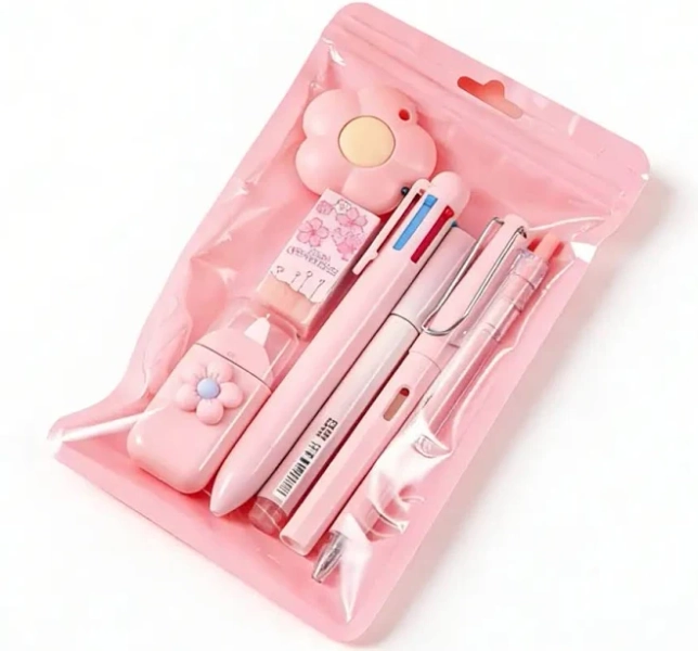 Cute Stationery Set 7 Pcs Blue Kawaii School Supplies, Office Desk Accessories for Girls Boys, Includes 6-in-1 Ballpoint Pen Gel Pen Eternal Pencil