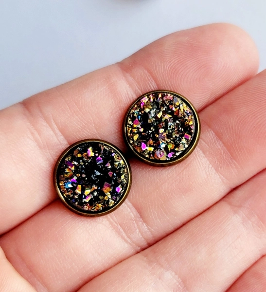 Druzy Stud Earrings, Large Stud Earrings, Metallic Druzy Studs, Outer Space Studs, Rainbow Metallic Druzy Stud Earrings, Fun Bronze Studs