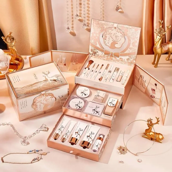 Luxury All-in-One Makeup and Skincare Gift Set - Elegant Rose Gold Box with Deer Pattern, Complete Beginner Makeup Kit, Ideal Christmas or Valentine's