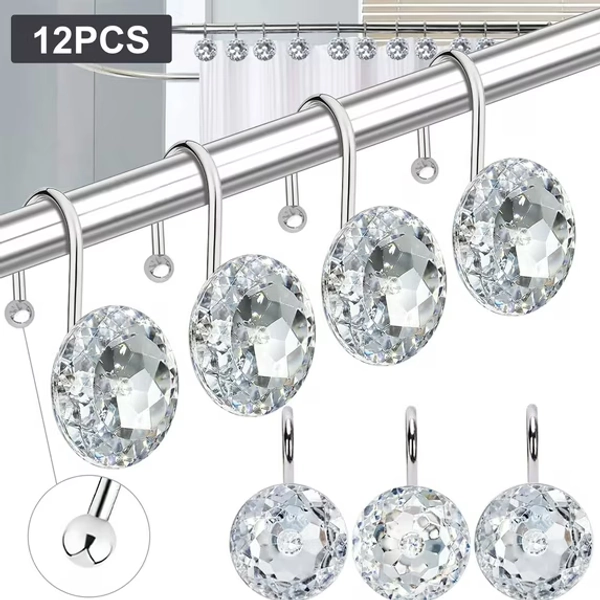 Semfri 12PCS Shower Curtain Rings Acrylic Decorative Rolling Shower Curtain Rings Diamond Shape Shower Rings Stainless Steel Rust Resistant Decorative Rhinestones Shower Curtain Rings Clear