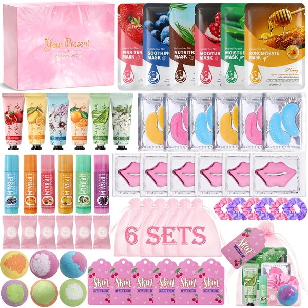 Gift for Her/Him 60pcs Spa Party Supplies for Girls, Include Face Masks, Hand Cream, Lip Balm, Foot Bath Bombs, Lip Mask, Under Eye Patches, Compressed Towels, Spa Birthday And Sleepover Party Supplies for Girls Women