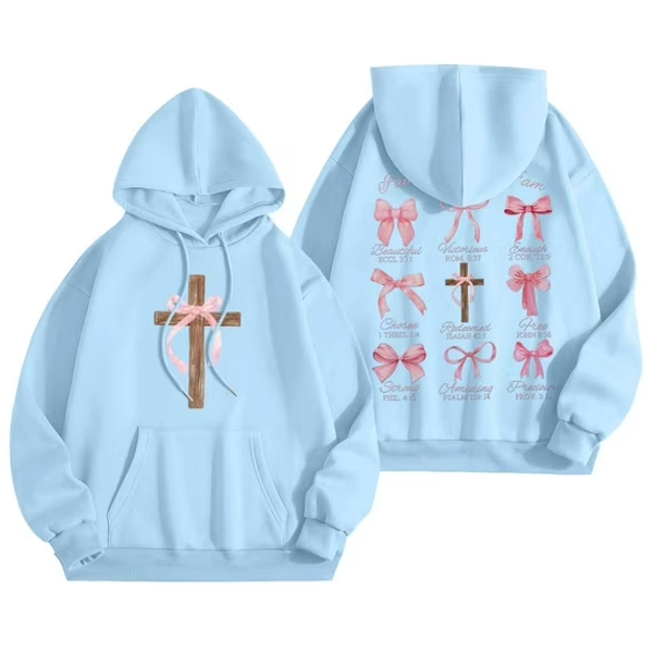 TrendOFT Cute Bow Graphic Hoodies for Women Oversized Pretty Sweatshirt for Teen Girls Y2K Long Sleeve Hooded Pullover Tops Light Blue L