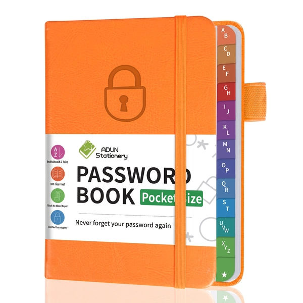 [Password Book Organizer] ADUN Stationery Password Book with A-Z Tabs – 5.9" x 3.9" Compact Hardcover Organizer for Website Logins, Passwords & Notes – Premium Binding Design, Secure Locking Mechanism, Durable Synthetic Faux Leather Cover, Password Book for Passwords, Password Management, Sleek Design, Sturdy Construction, Notebook, Agenda, Planner, Journal Book