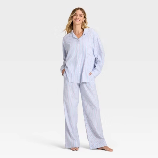 Women's Flannel Long Sleeve Button Down Shirt and Pants Pajama Set - Auden™ Blue/Red Stripe M