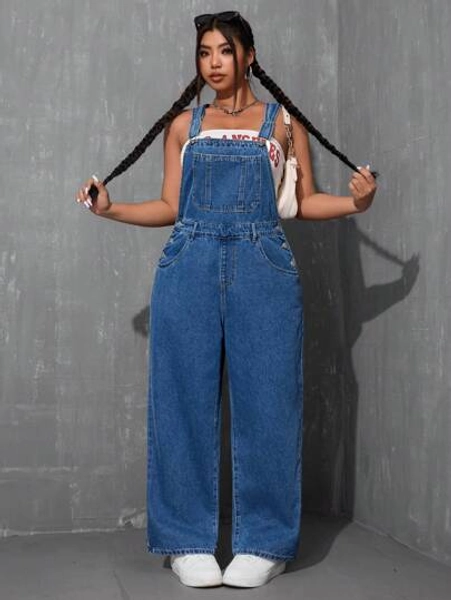Plus Size Women Loose Fit Pockets Wide Leg Casual Denim Jumpsuit