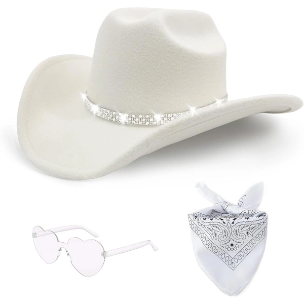 [Western Disco Party] 3pcs Rhinestone Cowboy Hat for Women with Bandana, Heart Sunglasses Set, Wide Brim Cowgirl Hat for Western Disco Party