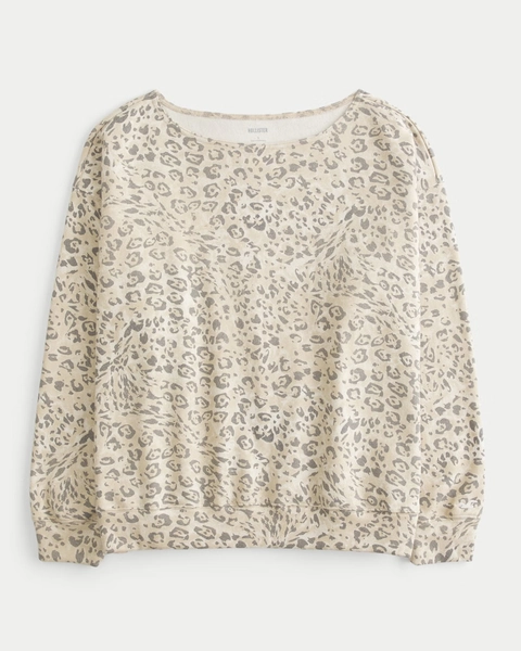 Oversized Off-the-Shoulder Leopard Print Sweatshirt