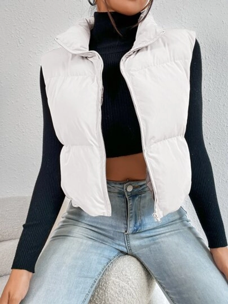 SHEIN EZwear Women's Solid Color Zip Front Casual Vest Jacket, Winter