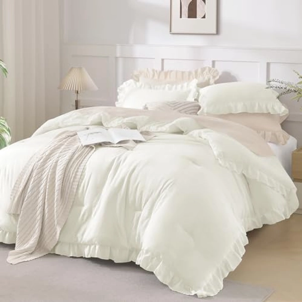 Andency Ivory Comforter Full Size, 3 Pieces Solid Farmhouse Shabby Chic Ruffle Bedding Sets, All Season Soft Lightweight Comfy Down Alternative Bed Set for Girls Teens Men Women
