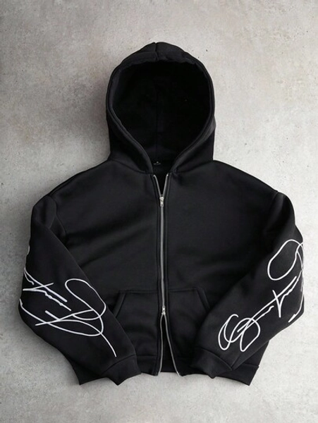 PAVTROS Manfinity Streetrush Men's Creative Text Graphic Embroidered Thermal Lined Metal Zipper Hoodie, Zip Up Hoodie, Streetwear, Black , 2000s Style , Fall Winter, Long Sleeve Top - Size XL