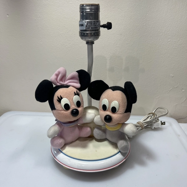 Vintage 80s Disney Dolly Plush Baby Mickey &amp; Minnie Mouse Nursery Lamp Pur/pink