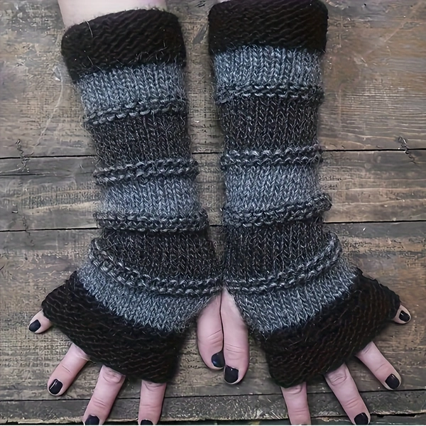 Winter Knitted Fingerless Gloves - Elastic Wrist Warmers for Going Out, Handmade Textured Design with Half-Finger Coverage, Ideal for Warmth, Hand Wash Recommended - Black and Grey