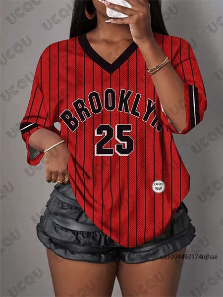 Oversized T Shirt For Women V-Neck Short Sleeve Summer Stripe Brooklyn No.25 Print Sports Tops Casual Football Jersey Y2k Tees - AliExpress 200000345