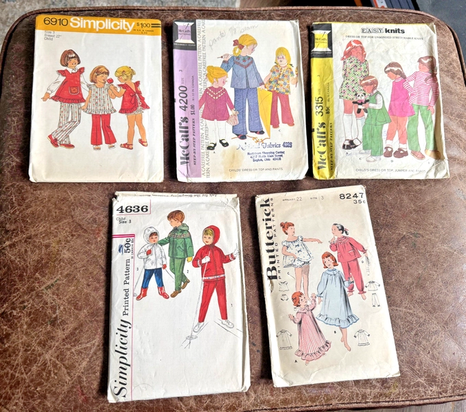 5 Vintage 1960s-1970s Clothes Sewing Patterns Girl Size 3 Pinafore PJs Outfits +