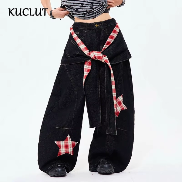 KUCLUT 2025 Autumn New Fashion Star Patchwork Jeans For Women Street Style Loose Straight Wide-Leg Denim Pants Female 1A818 - AliExpress 200000345