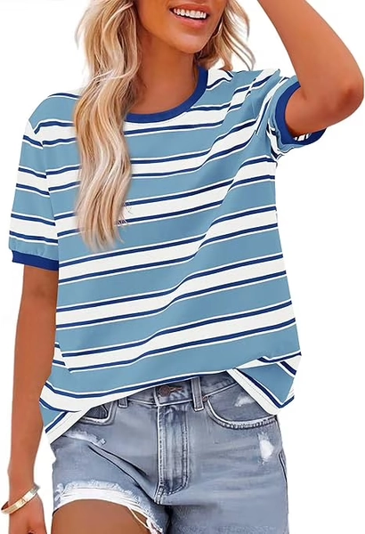 BTFBM Summer Tops for Women Crewneck Short Sleeve Striped T Shirts Casual Spring Clothes Color Block Basic Tee Blouses - Walmart.com
