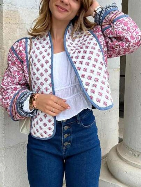 Women's Cropped Floral Quilted Jacket Cardigan Printed Lightweight Open Front Padded Puffer Coat