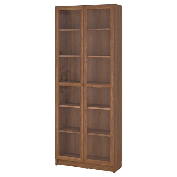 BILLY / OXBERG Bookcase w glass doors - brown walnut effect 31 1/2x11 3/4x79 1/2 "